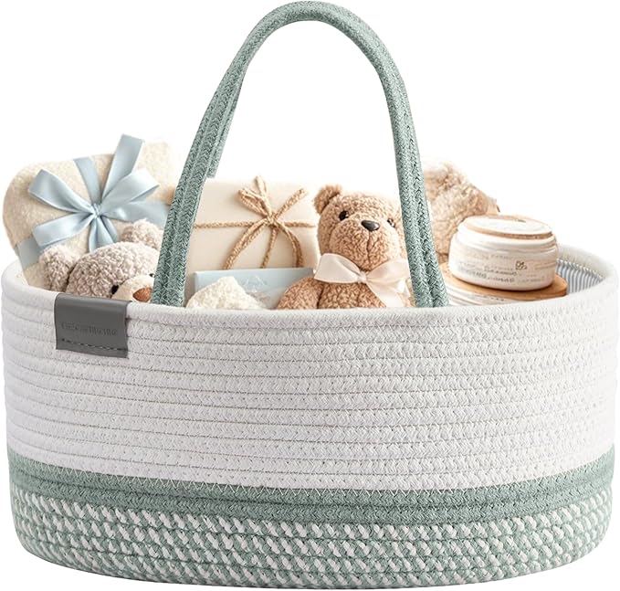 DECOMOMO Baby Caddy Organizer, Large Diaper Caddy Basket | Baby Baskets for Baby Shower (Sage Green & White)