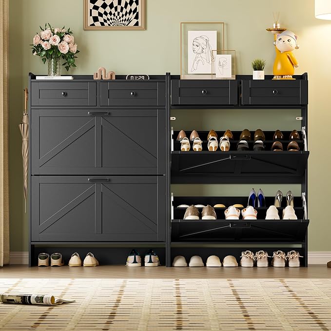 BORNOON Shoe Storage Cabinet for Entryway, Farmhouse Narrow Shoe Cabinet with 2 Flip Drawers & Top Drawers, Adjustable Shelves & Hooks, Freestanding Hidden Rack Organizer for Hallway, Foyer