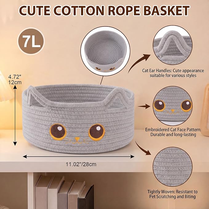 Small Cotton Rope Storage Basket,Round Cat Toy Basket for Living Room, Gray | Cute Decorative Dog Toy Basket, Toy Bin for Baby, Pet, Gift Basket for Halloween, Baby Shower , 11"×11"×4.7"