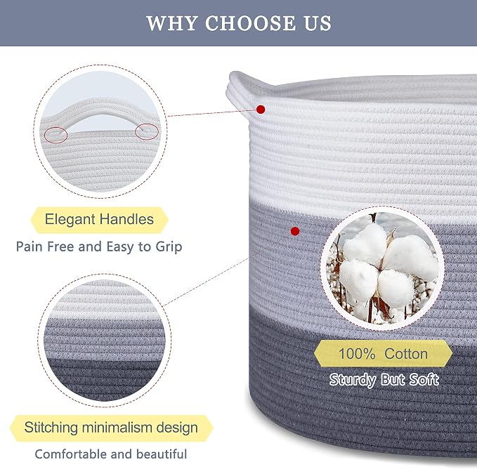 Large Cotton Rope Blanket Basket, 87L Laundry Hamper, White & Gray