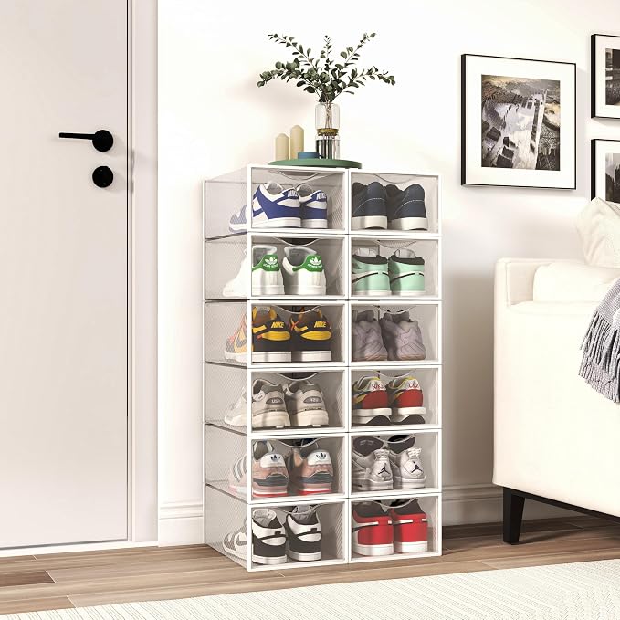 Seseno 12 Pack Shoe Storage Bins, Clear Plastic Stackable Shoe Organizer for Closet, Space Saving Foldable Shoe Rack, Shoe Box Sneaker Holder Container