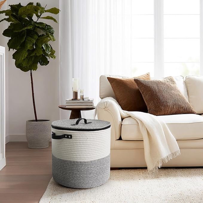 Storage Basket with Lid, 15"x13" Round Woven Blanket Storage for Living Room, Soft Cotton Rope Bin with Zipper Top, Shoe Basket with Lid for Entryway, Floor Kids Dog Toy Bin Box with Cover