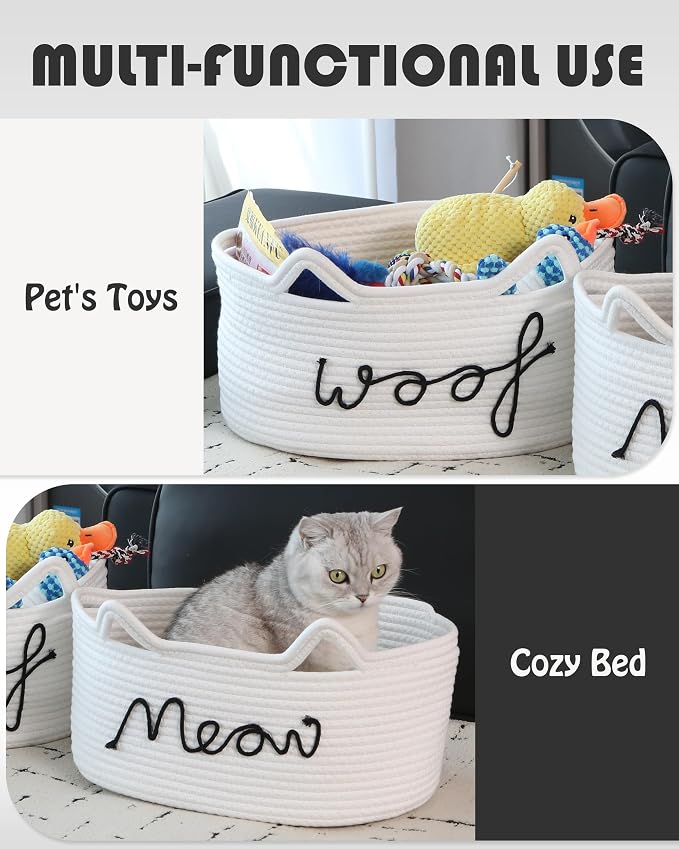 Sea Team Dog Toy Storage Basket with Handles and Ears, White Woof | Large Cotton Rope Storage Bin, Shelf Basket, Organizer for Pet Chew Toys, Foods, 16.5 x 11 x 7 Inches, 4.4 Gallons