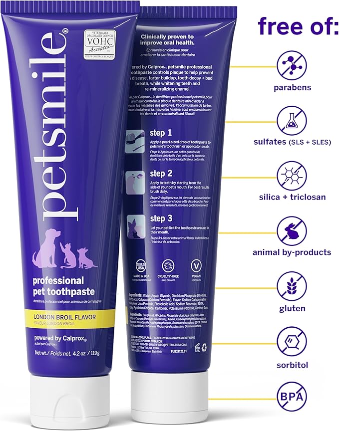 petsmile Professional Pet Teeth Brushing Kit for Cats & Dogs - VOHC Accepted Toothpaste & Patented Toothbrush - Proven to Control Plaque & Tartar Calprox Formula (London Broil, 4.2 Oz)