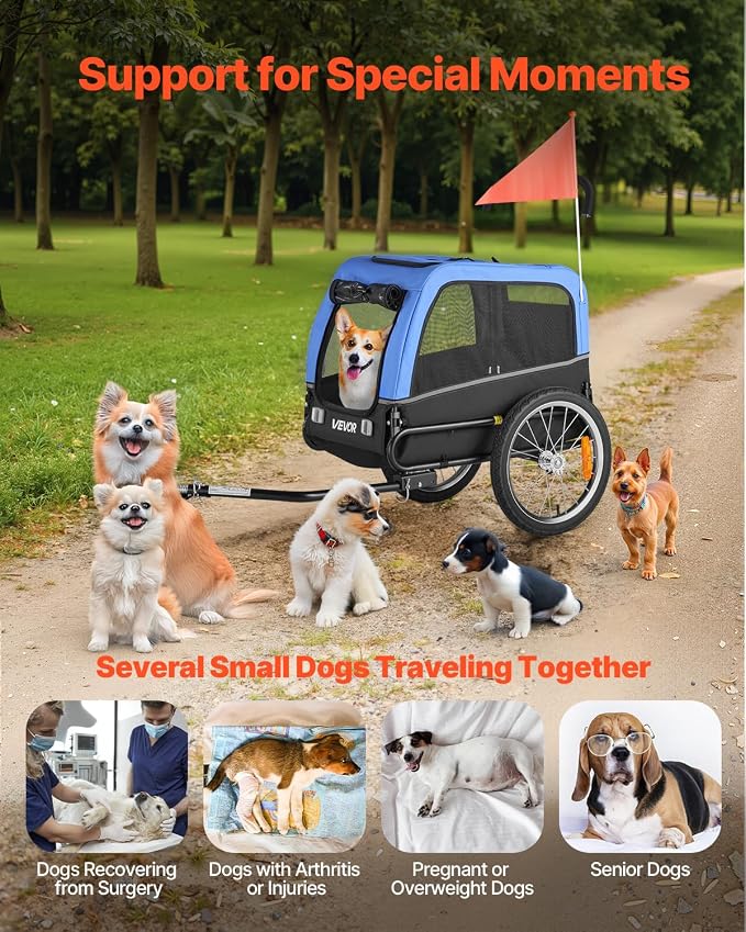 VEVOR Dog Bike Trailer, Supports up to 66 lbs, Pet Cart Bicycle Carrier for Small & Medium Dogs, Easy Folding Frame with Quick Release Wheel, Universal Bicycle Coupler, Reflector, Flag, Internal Leash