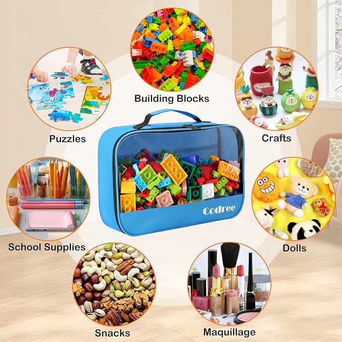 6 Pack Large Oxford Cloth Toy Storage Bags, Waterproof Travel Toy Storage | 13 x 8.5 x 3.9 Inch Visible Organizer Pouch with Zipper for Building Blocks Small Toys