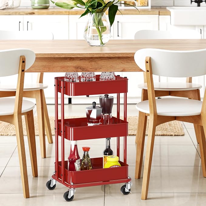 Simple Houseware 3-Tier Utility Cart, Low 24" Height Fits Under Desk, Red | Compact & Lower Height Great for Under-Desk Space-Saving Storage for Home Office, Dining Room, or Kitchen