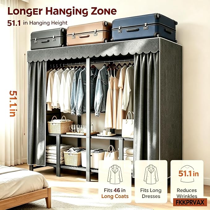 47.2in Heavy Duty Portable Closet with Dark Gray Cover | Foldable Covered Clothes Rack for Hanging Armoire Wardrobe Closet System Freestanding Coat Storage Garment Racks