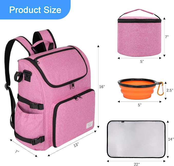 Modoker Multi-Compartment Dog Travel Backpack for Pet Supplies, Pink | Dog Travel Accessories Organizer with 2 Food Bags, 2 Bowls, Quick-Access Pockets, Tissue Opening, Luggage Sleeve, Feeding Mat
