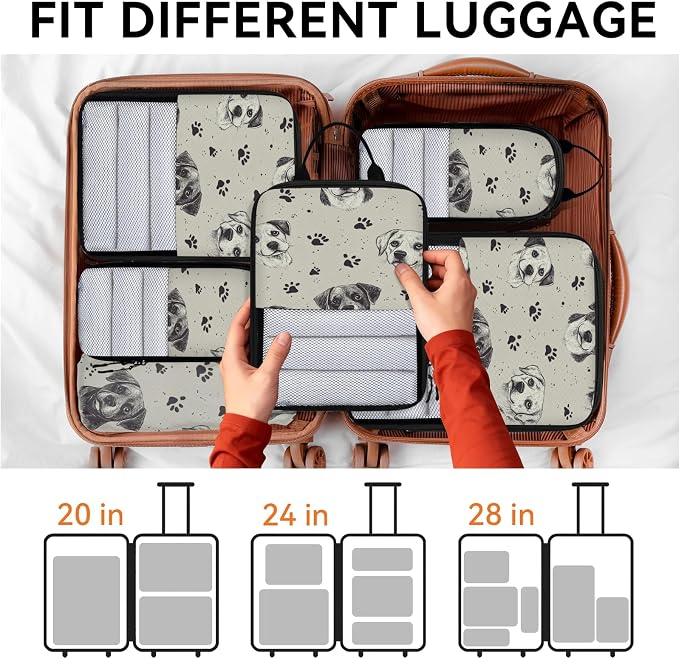 Cute Puppy Dogs 6 Set Compression Packing Cubes | Paw Print Travel Accessories Expandable Packing Organizers Space Saver Bags for Organizing Clothes