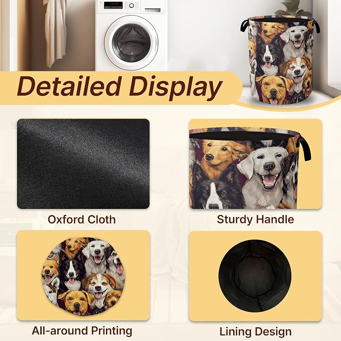 Cute Dog Collapsible Laundry Basket,Pet Faces Waterproof Oxford Cloth Hamper with Handles,Portable Storage Organizer for Laundry Room Bedroom
