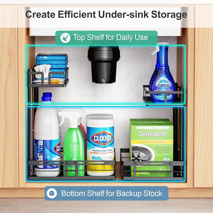 iSPECLE Under Kitchen Sink Organizer - L-Shaped Pull Out Shelf, 2 Pack | L-Shaped Fit Around Garbage Disposal, Adjustable Shelves, Pull Out Access, For 30-36 Inch Sink Cabinet, 2 Pack Black