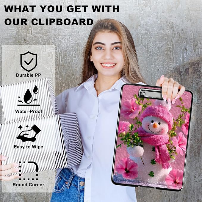 Heavy Duty Storage Clipboard, Slim Nursing Clipboard with Internal Pen Case, Portable File Organizer Case for A4 Letter Size Paper Office Medical Professionals, Pink Flower Snowman