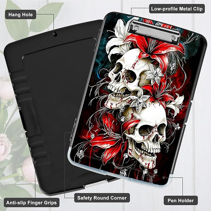 Red Lily Skull A4 Clipboard with Storage Pen Holder, Clipboards Organizer Nursing Clipboard Foldable File Folder Plastic Clipboard Folio Clip Board for Office Students Classroom Doctor
