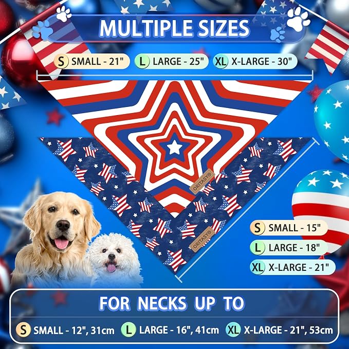 US Flag Dog Bandanas, 2-Pack Triangle Reversible Pet Scarves, Premium Fabric, 4th of July Bandana for All Boys Girls Dogs (Large, 26-Style 3)
