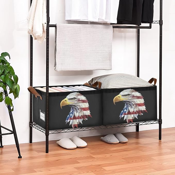 Eagle American Flag Patriotic Black Storage Basket Foldable Cube Storage Bins with Handles&Label Collapsible Organizer Box Bin Large Rectangle Decorative Baskets for Shelves Home Room Closet, 2Pack
