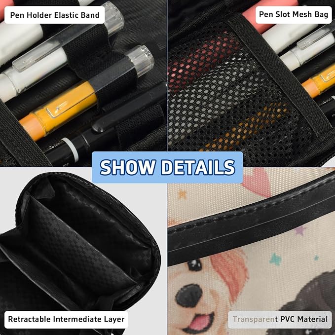 SUABO Pet Dog Love Stars Pencil Case Large Pen Stationery Bag | Pencil Pouch Stationery Organizer with Compartments, Transparent PVC Layer, School Office Supplies for Kids Adults