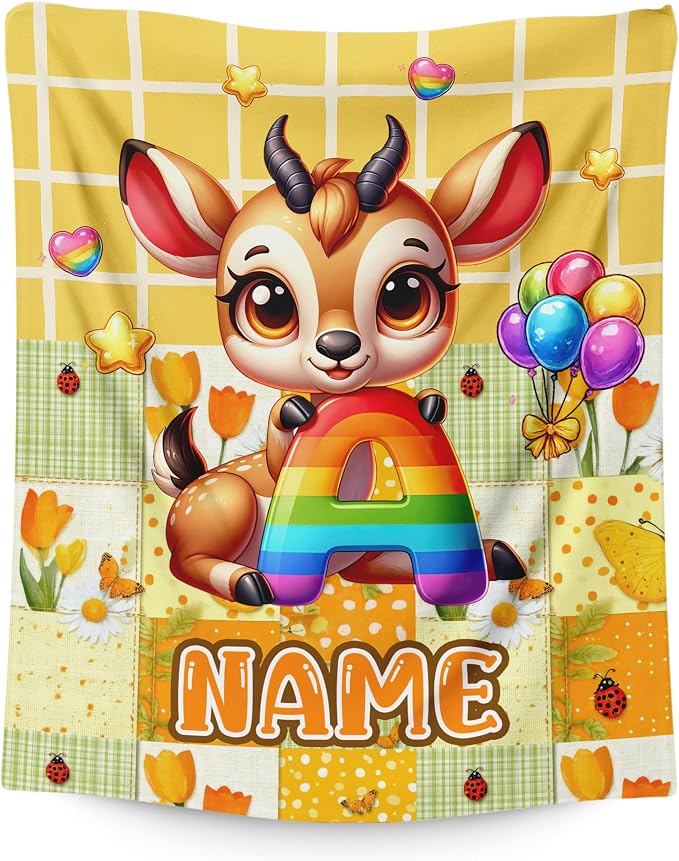Blanket for Girls Custom Deer Throws, Personalized Animal Blanket for Kids | Custom Monogram Present, Multiple Sizes, Bed Blanket, Easy Care, Sofa Throw