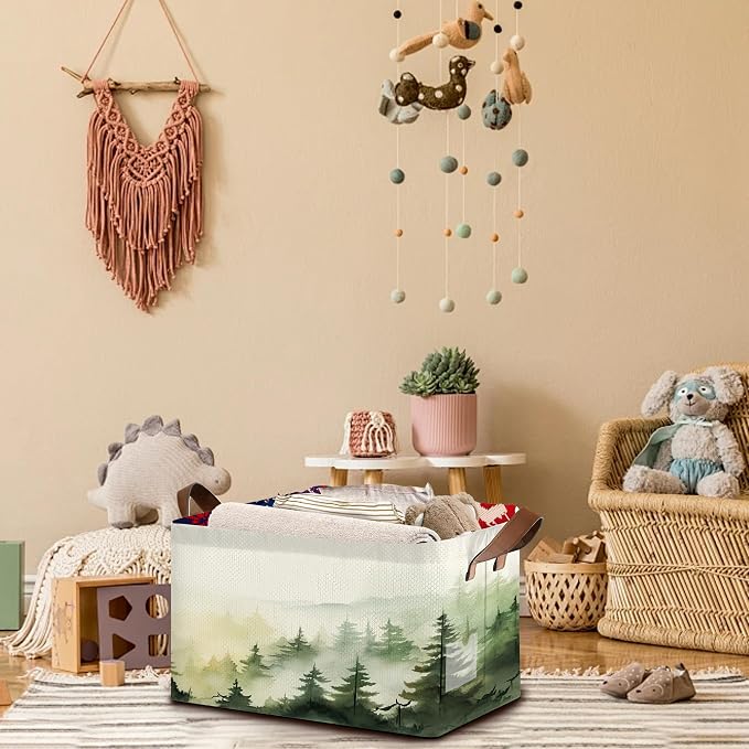Woodland Mist Storage Basket Large 17x11.5x10.5 Inche-Collapsible Fabric Organizer Bin with Handles for Rustic Decor, Nursery, Cottage - Foldable Decorative Hamper with Foggy Forest Design-Single Pack