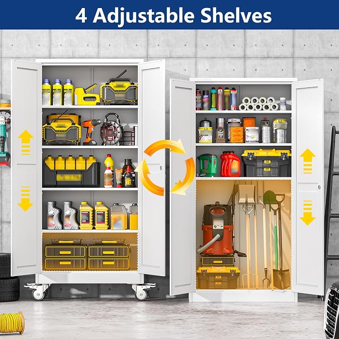 Ckzbx Metal Garage Storage Cabinet with Locking Doors and Adjustable Shelves,71" H Rolling Tool Storage with Wheels for Garage,Office (White)