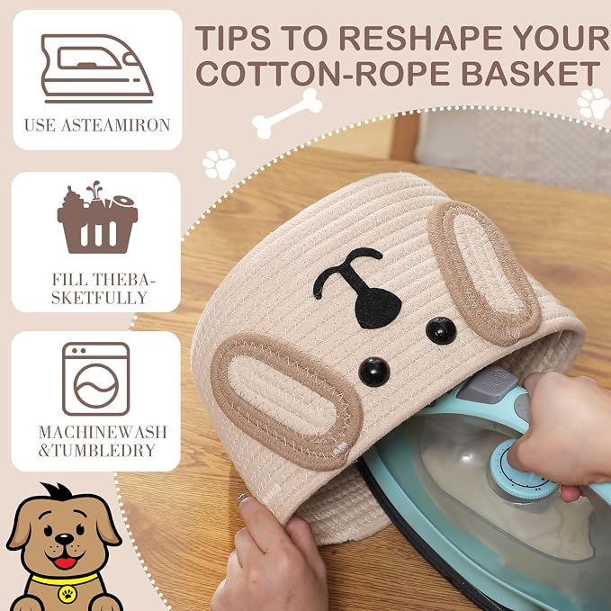 Zopeal Dog Woven Basket, 7.9" D x 6" H Cotton Rope Toy Storage Organizer, Dog Mom Gift Empty, Cute Laundry Puppy Gift Animal Basket for Clothes, Towels, Toy, Laundry, Bathroom, Home(Khaki, Beige)