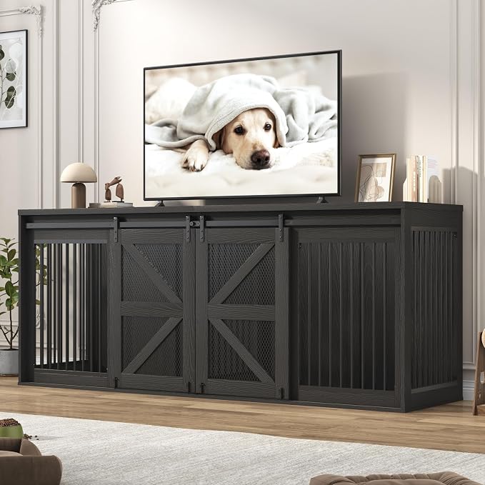 jiteentarou87In Farmhouse Dog Crate TV Stand, Wooden Dog Kennel Furniture with Sliding Metal Mesh Barn Door, Large Dog Crate Furniture for 2 Dogs, Solid Metal Tube & 2 Lockable Doors, Wood Grain Black