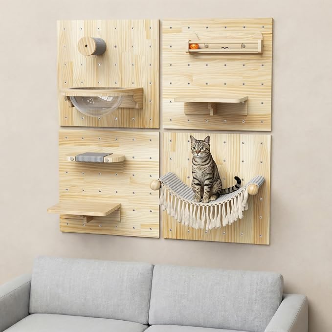 Ardilla & Co. Cat Wall Furniture – Wall-Mounted Modular Wooden Boards with 7 Moveable Accessories, Cat Wall Shelves, Hammock, Climber Steps, Perches, Walkways, Toy & Acrylic Bowl!