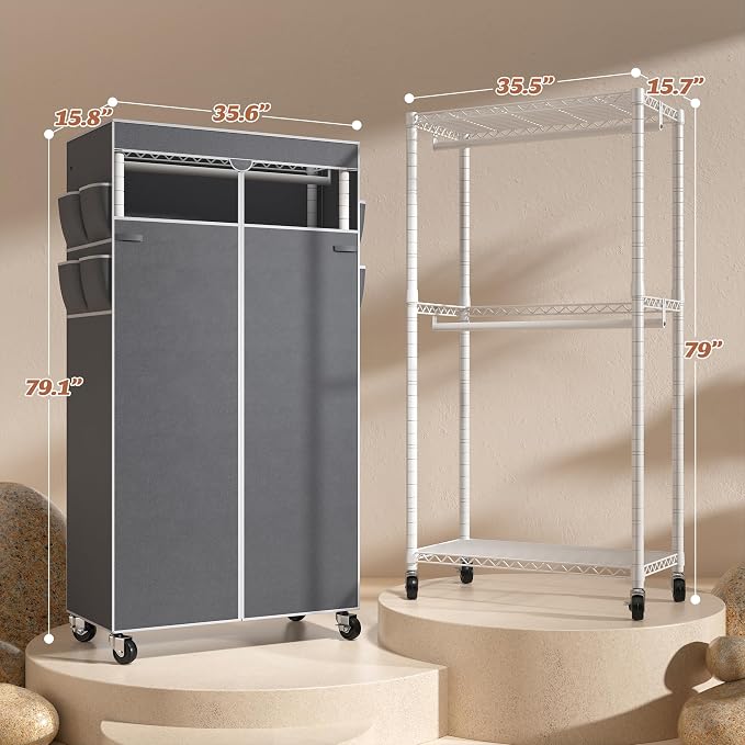 Raybee Clothes Rack with Cover, Rolling Portable Closet, 2 Rods & 2 shelves | Heavy Duty, Tool-free Assembly, Adjustable, Lockable Wheels, Freestanding, Covered, Zippered, Saving Space for Bedroom,Dorm
