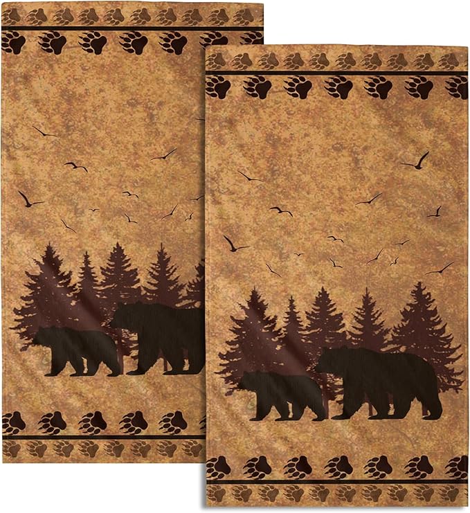 Giwawa Rustic Bear Hand Towels- Retro Brown Bear Animal Paw Print Decorative Towel Set of 2- Antique Country Style Wildlife Face Towel Absorbent Washcloth for Hotel Bathroom Gym Guest Cabin
