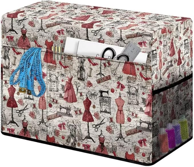 Retro Sewing Elements Sewing Machine Cover with Storage Pocket, 17.7 x 8.6 x 12.6 inches, Heavy-Duty Water-Resistant Fabric, Dust & Pet Hair Protection, Fits Brother, Singer, Janome
