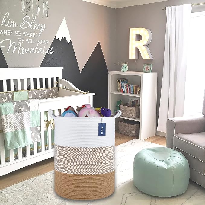 COMSE Tall Woven Blanket & Laundry Basket, 72L, White & Camel Mix | 15.7”x 21.7”, Cotton Rope, Large Nursery Hamper for Storage of Toys Clothes Towels, Great for Living Rooms Bedrooms Bathrooms