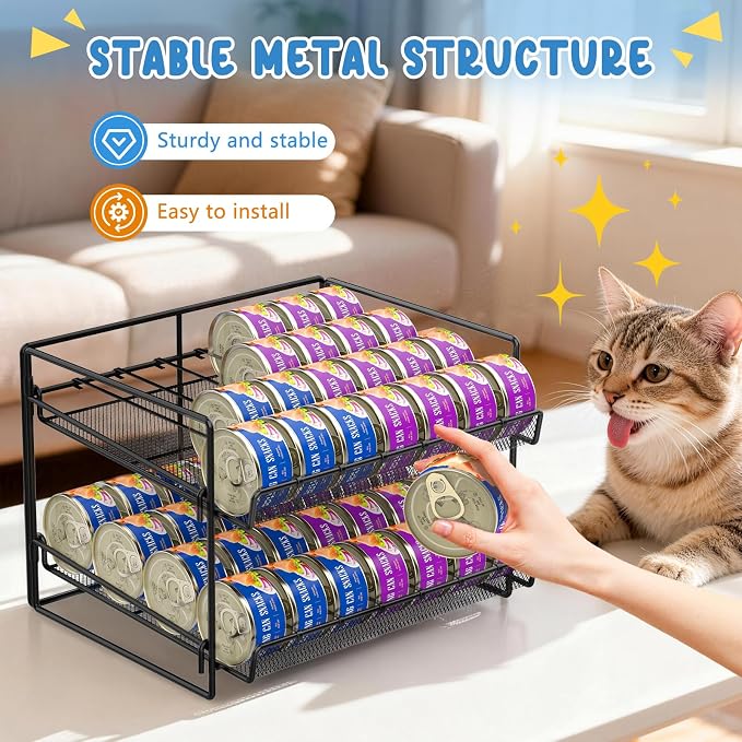 Cat Food Can Organizer 2-Tier Can Organizer for Pantry 56 Cans 3.5oz | Black metal 2-tier cat food can organizer,Holds 56 cans 3.5oz,Adjustable pantry countertop storage for kitchen cabinet