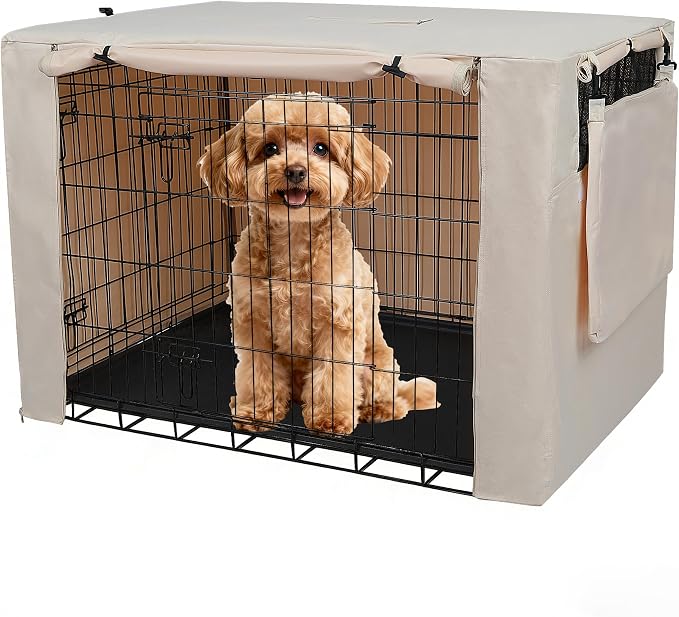 Deblue Dog Crate Cover, 24 Inches Durable Polyester Indoor Kennel Cover | for 1 2 Doors Standard Wire Cage (Beige)