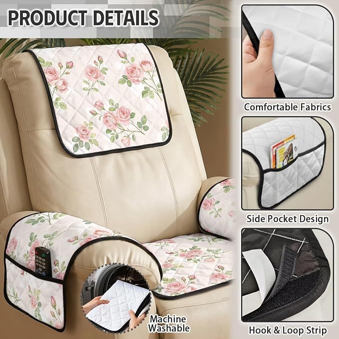 Pink Rose Recliner Chair Covers 4 Piece Pet Friendly | Flower Quilted Recliner Slipcover Non Slip Washable Girly Reclining Chair Cover for Kids Adults Pets Dogs, Dustproof