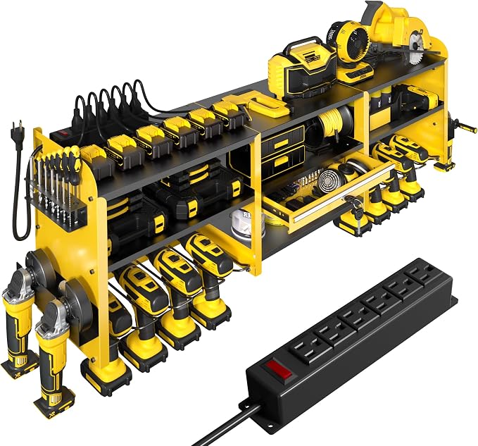 KSVO Large Power Tool Organizer Wall Mount with Locking Drawers, Yellow | Grinder Holder, Hammer & Pliers Rack, 6-Outlet Charging Shelf, Heavy-Duty Metal Storage for Garage & Workshop