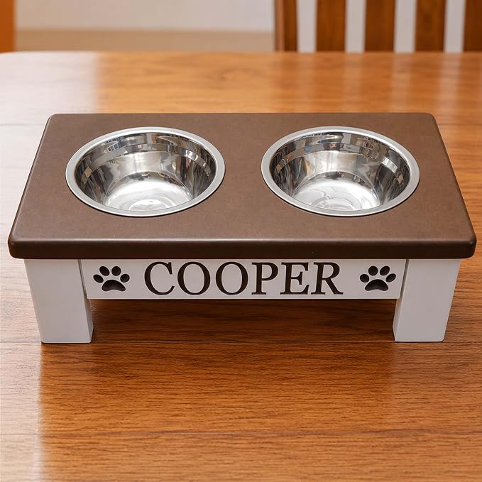 Personalized Dog Bowls Stand for Small Dogs, Wood Elevated Feeding Station | Farmhouse Style, Stainless Steel Dishwasher Safe Bowls, Raised Anti-Slip Feeder, Made in USA