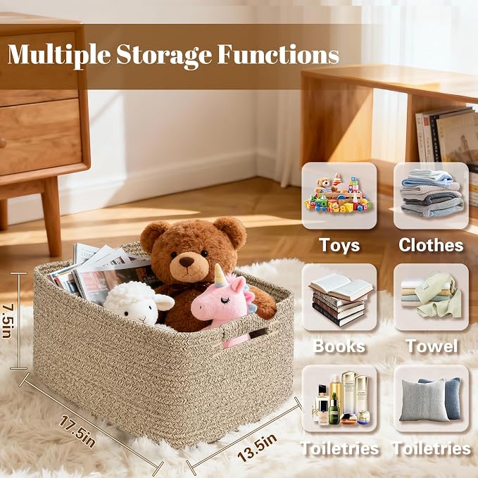 2 Pack Large Storage Basket for Organizing, 17.5"x13"x7" Woven Basket for Shelves, Closet Cube Storage Bins with Wrapped Handle, Cotton Rope Baskets for Kitchen, Clothes, Toys (Natural)