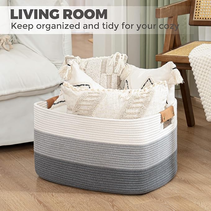 danpinera Rectangle Blanket Storage Basket, 50L Large Decorative Basket Living Room, Storage Bin with Handle, Woven Rope Hamper for Toy Organizing & Laundry, 18.11’’*14.17’’*11.81’’ Gradient Grey