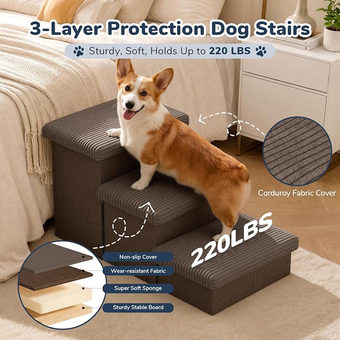 3-Step Wide Dog Stairs 18" H with Removable Cover, Non-Slip Storage Pet Steps for High Bed Couch, Pet Stairs for Small/Medium/Large Old Dogs Puppy Up to 200lbs, Cat Dog Steps for Car, Coffee
