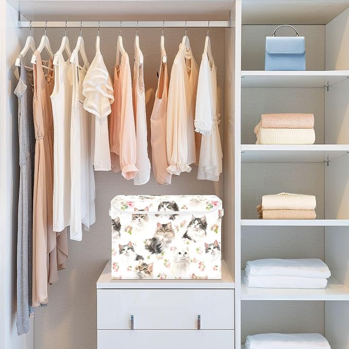 Cartoon American Curl Cats White Storage Containers Storage Organizer Bins With Lid for Sheet Kids Room