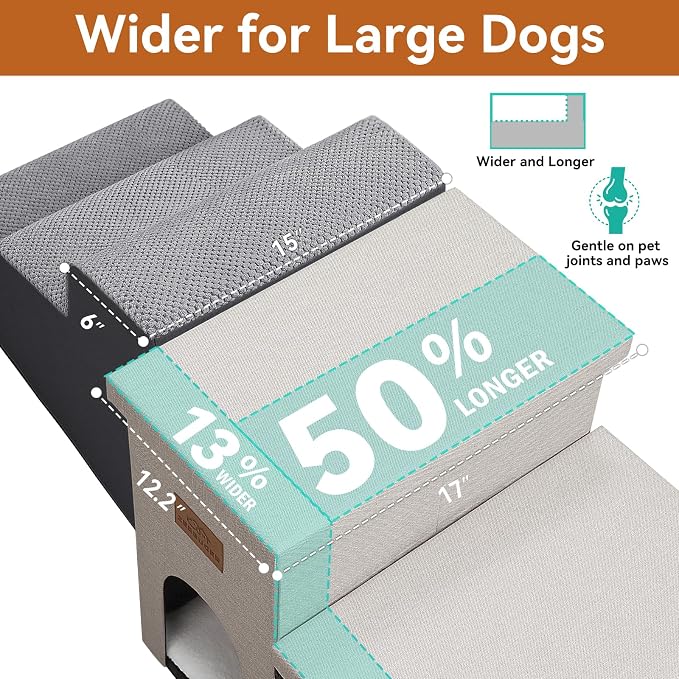 Zerbuger Dog Stairs with Storage, Beige 3 Steps Dog Ramp with Condo for Bed | 18" H Wider Dog Steps for High Beds Couch, Folding Storage Pet Stairs Gift for Climbing Small/Medium/Large Old Dogs Cats