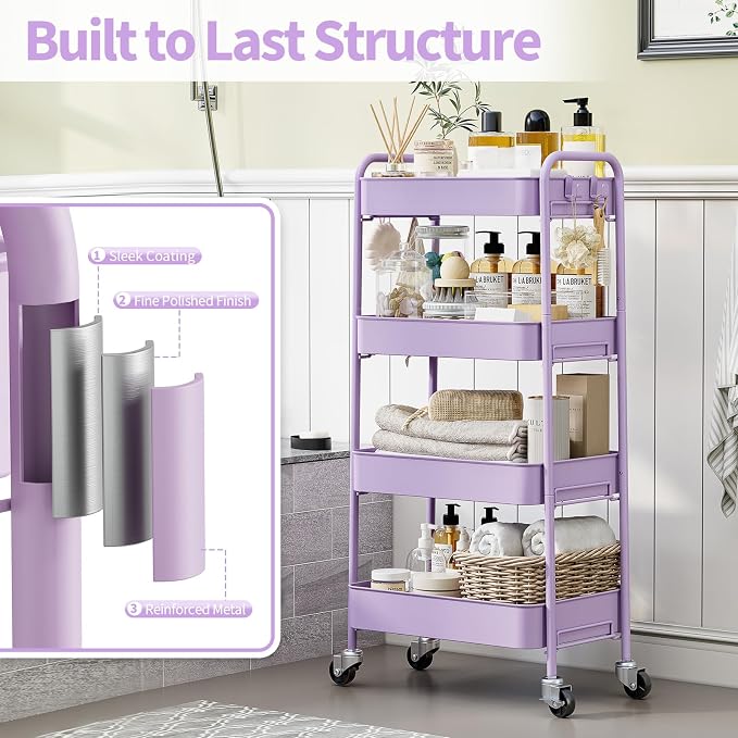 TOOLF 4 Tier Metal Rolling Cart, Utility Storage Cart with Wheels, Purple | Screwless Assembly, Lockable Metal Wheels, Trolley Organizer for Bathroom, Kitchen, Office, Dorm, Laundry, Craft Room