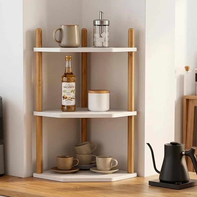 3-Tier Bamboo Corner Shelf,Kitchen Countertop Organizer,Corner Countertop Organizer Shelf, Coffee Bar Organizer,Coffee Bar Accessories,for Kitchen, Pantry, Organizers and Storage,White