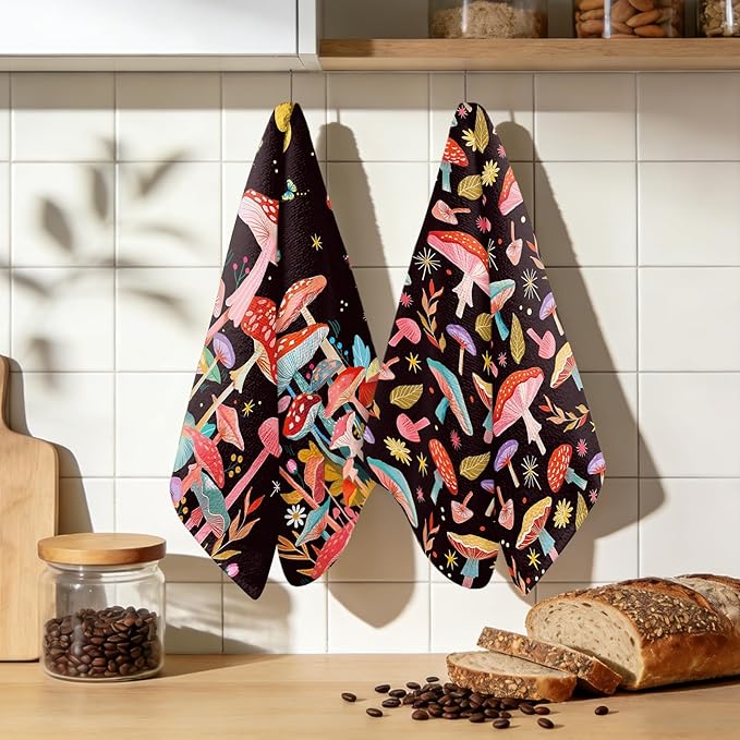 Mushroom Kitchen Towels, 2 Pcs Mushroom Dish Towels, Mushrooms Dish Towels for Kitchen Drying Absorbent, Butterfly Dish Towel Decor Dishcloths Funny Housewarming Gifts for Women