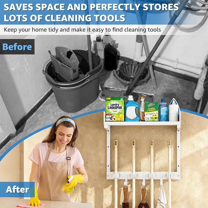 Mop Broom Holder Wall Mount with Top Shelf, Broom Organizer Wall Mount | 15inch,Mop Broom Wall Hanging Heavy Duty Tools Storage Rack Space-Saving for Garage,Kitchen,Laundry Room