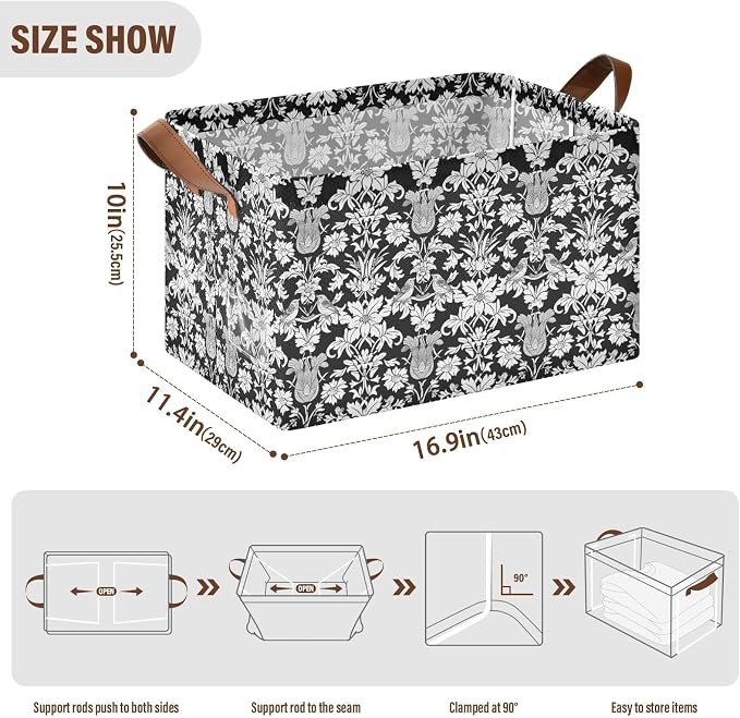 Black and White Cottage Floral Birds Storage Bins for Shelves with Labels&Handles Fabric Organizer Bin Foldable Rectangle Storage Basket Boxes for Closet, Bathroom, Home, Living Room