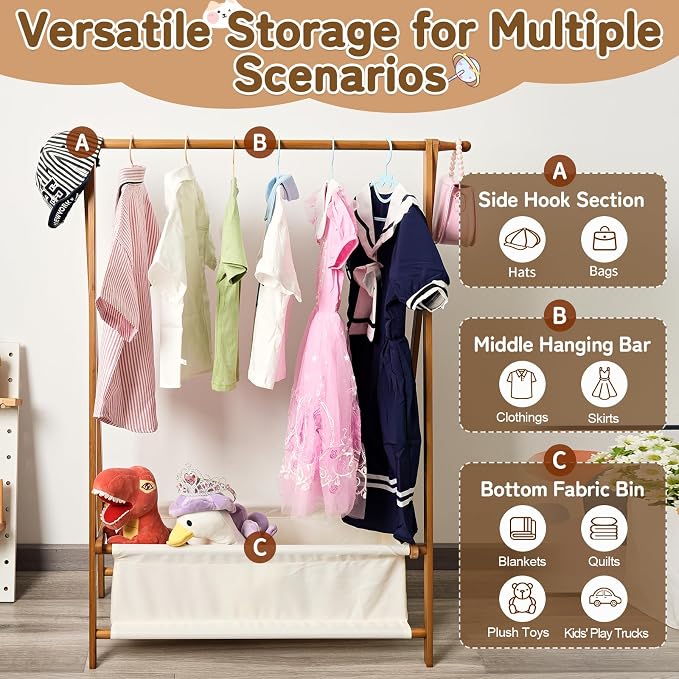 Bamboo Kids Clothing Rack with Storage Box - Foldable,Kids Dress Up Rack with Hooks & Rod, Organize Dress Up Storage & School Uniforms, Perfect for 4-13 Year Olds (Brown)