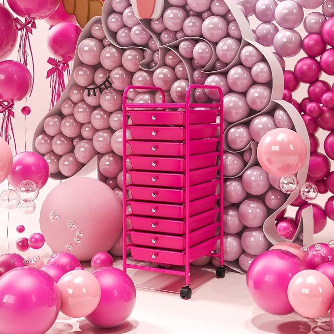 10 Drawer Rolling Storage Cart, Organization Cart on Drawers for Craft Makeup Paper Tool Art Supply, Versatile Utility Cart on Wheels for Home Office Classroom School (Hot Pink)