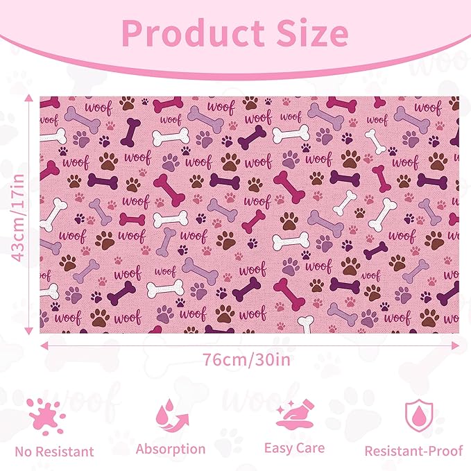 Dog Feeding Mat 30 x 17 Inch, Pink Paw Bone Woof Dog Placemat Absorbent Quick-Dry for Food and Water, Waterproof Non Slip Rubber Pet Bowl Pad Mat for Floors