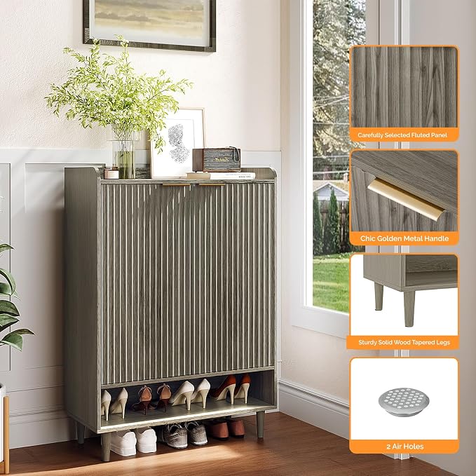 VINGLI Shoe Cabinet with Fluted Doors, 6 Tier Large Wooden Entryway Shoe Storage Cabinet with Adjustable Shelves,44.5" Tall Modern Freestanding Shoe Rack Organizer for Entryway, Hallway,Gray Oak